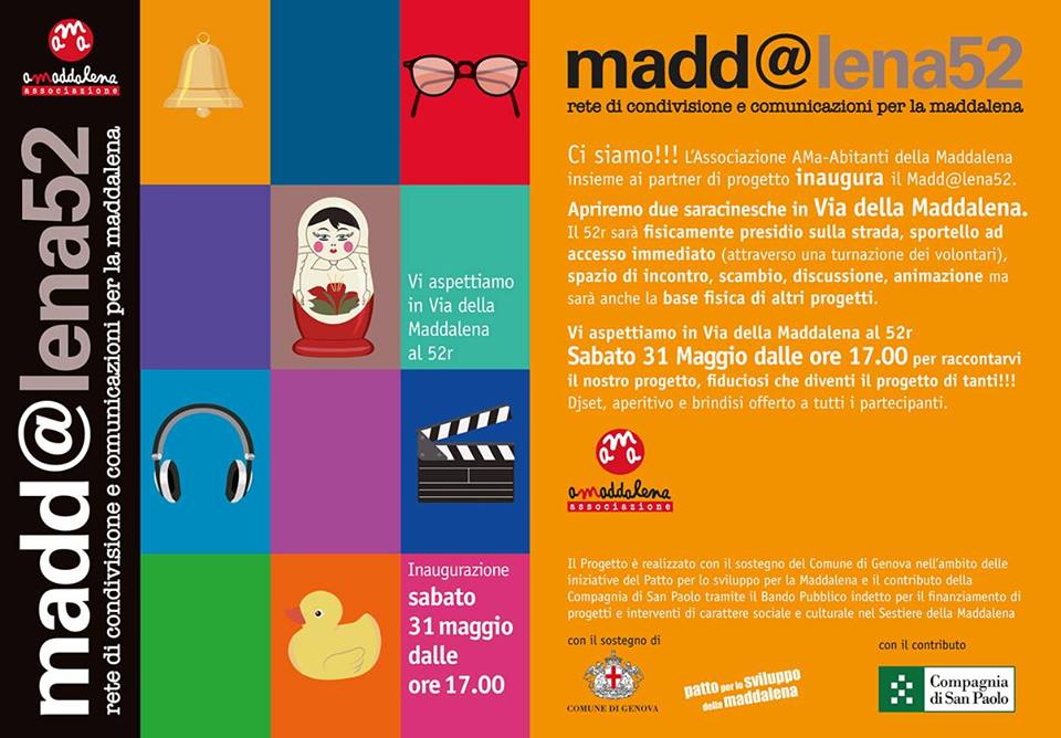 31 Maggio, ore 17, apre Madd@lena52, presidio di legalità, cultura e socialità: dj-set, aperitivo e brindisi per tutti