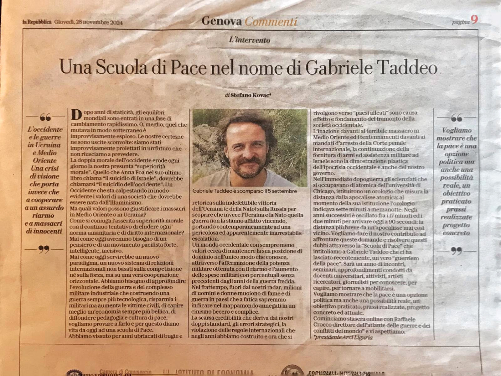 La Repubblica Genova: Stefano Kovac, presidente di Arci Liguria, sulla Scuola di Pace “Gabriele Taddeo”.